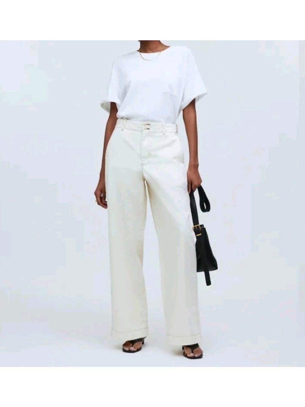 Madewell Button Tab Wide Legs Pants sz 2 Antique Cream 100% Cotton Top Stitched